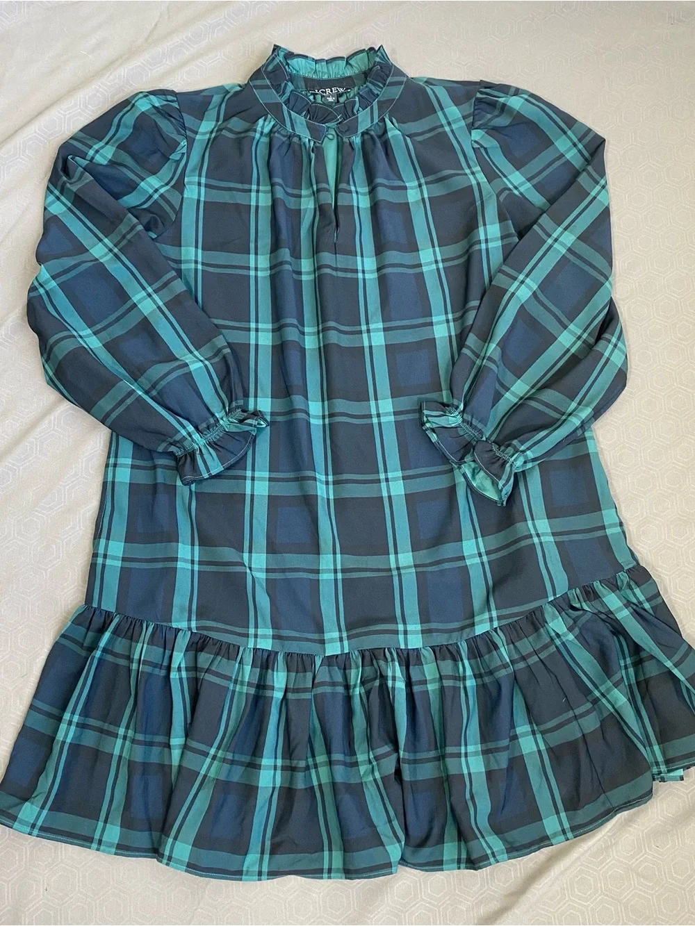 J. Crew Dark Green and Navy Plaid Long-Sleeve Ruffle-Hem Dress size Large